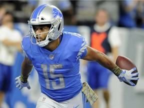 In this Nov. 12, 2017, photo, Detroit Lions wide receiver Golden Tate runs to the bench after rushing for a 40-yard touchdown during the second half of an NFL football game against the Cleveland Browns in Detroit. The Lions host the Minnesota Vikings in a Thanksgiving game that should drastically alter the NFC North race.