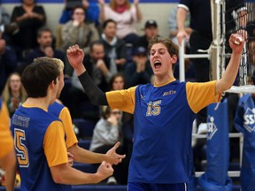 St. Anne's Logan Ondricko celebrates during the WECSSAA senior boys' AAA volleyball final against Holy Names on Thursday. St. Anne won the match and begins its quest for an OFSAA title on Thursday in Waterloo.