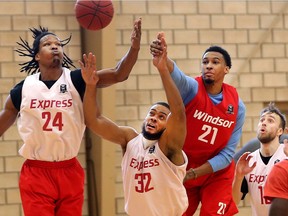 From left, Windsor Express players From left, Scotty McCrae,  Erik Parker, Desmond Hubert, Mike Lucier, and Anthony Ottley Jr. workout this week in preparation for Saturday's home opener at the WFCU Centre against the Halifax Hurricanes.
(JASON KRYK/Windsor Star)