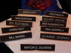 Name plates for Windsor's mayor and city councillors are shown during a swearing in ceremony on Dec. 1, 2014.