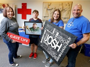 The family of Josh Krystia, mother Tammy Krystia, left, sister Gabriella, 16, brother Matthew, 11, and father Doug Krystia, right, organized a blood donor clinic Saturday, Dec. 2, 2017, in honour of Josh on the second anniversary of his death.