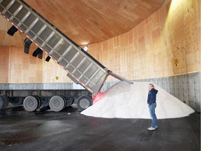 City of Windsor salt dome project manager Donna Desantis oversees the first delivery of 39 metric tonnes of road salt Tuesday December 19, 2017.  The new dome is much larger and was built using 120 metres of concrete and 800 sheets  (4' x 8') of fir plywood.