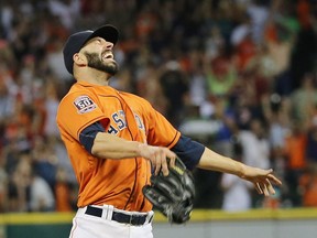 Mike Fiers of the Houston Astros celebrates after tossing a no-hitter en-route to the Astros defeating the Los Angeles Dodgers 3-0 at Minute Maid Park on August 21, 2015 in Houston, Texas.
