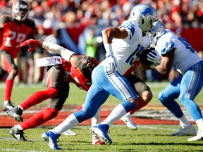 Wide receiver Kenny Golladay #19 of the Detroit Lions evades strong safety Justin Evans #21 of the Tampa Bay Buccaneers during a carry in the second quarter of an NFL football game on December 10, 2017 at Raymond James Stadium in Tampa, Florida.