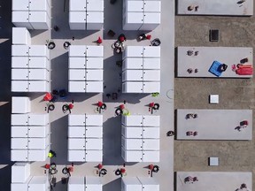 This screen grab from an undated handout video from a drone received by AFP on December 1, 2017 from French energy firm Neoen shows the Tesla 100 MW/129 MWh Powerpack system by billionaire entrepreneur Elon Musk in the rural town of Jamestown, 200km north of Adelaide.