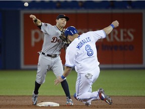 Detroit Tigers second baseman Ian Kinsler (3) forces out Toronto Blue Jays designated hitter Kendrys Morales (8) and throws to first base to complete a triple-play on a ball hit by Blue Jays' Kevin Pillar during sixth inning AL baseball action in Toronto on Sept. 8, 2017.