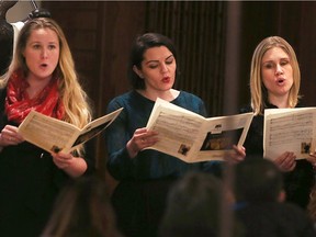 WINDSOR, ON. DECEMBER 31, 2017. -- An Interfaith Service to celebrate Windsor's diverse faith and cultures was held at the All Saints' Church on Sunday, December 31, 2017. Singers Alyssa Epp, Brianna DeSantis and Kaitlyn Clifford from the Abridged Opera are shown during the event.