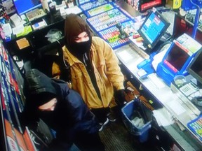 A security camera image showing two of three males who robbed a convenience store in Kingsville on the morning of Dec. 27, 2017.