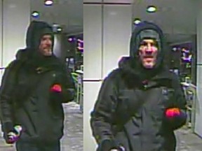 Security camera images of the lone male responsible for the Islamic-themed graffiti on the Windsor Star building at 300 Ouellette Ave. on the morning of Dec. 13, 2017.