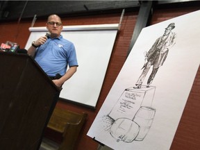 Windsor mayor, Drew Dilkens, unveils a proposed plan to build a statue honouring Hiram Walker during a celebration of Walker's birthday at the Walkerville Brewery, Saturday, July 2, 2016.