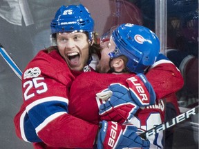 Jacob de la Rose (25) celebrates a goal with the Montreal Canadiens last season. He was claimed off waivers by the Detroit Red Wings on Wednesday.