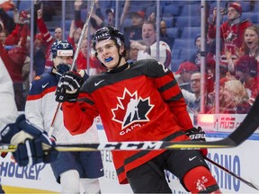 Canada's Sam Steel celebrates his goal against Slovakia during the first period of IIHF World Junior Championship preliminary round hockey action in Buffalo, N.Y. Wednesday December 27, 2017.