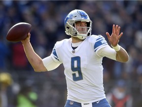 FILE - In this Dec. 3, 2017, file photo, Detroit Lions quarterback Matthew Stafford throws to a receiver in the first half of an NFL football game against the Baltimore Ravens, in Baltimore.