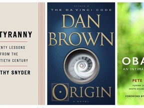 This combination photo shows popular books released in 2017, from left, "Grant," a biography by Ron Chernow, released by Penguin Press, "On Tyranny: Twenty Lessons from the Twentieth Century," by Timothy Snyder, released by Tim Duggan Books, "Origin," a novel by Dan Brown, released by Doubleday and "Obama: An Intimate Portrait," by Pete Souza, released by Little, Brown and Company. (Penguin Press/Tim Duggan Books/Doubleday/Little Brown via AP)