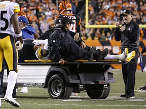 Pittsburgh Steelers inside linebacker Ryan Shazier, center, is carted off the field after an apparent injury in the first half of an NFL football game against the Cincinnati Bengals, Monday, Dec. 4, 2017, in Cincinnati.