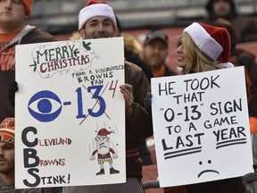 Cleveland Browns fans hold up signs after the Baltimore Ravens defeated the Browns in an NFL football game, Sunday, Dec. 17, 2017, in Cleveland.