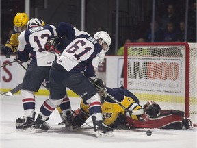 Windsor's Luke Boka misses on a scoring opportunity in the first period of OHL action between the Windsor Spitfires and the Erie Otters at the WFCU Centre.