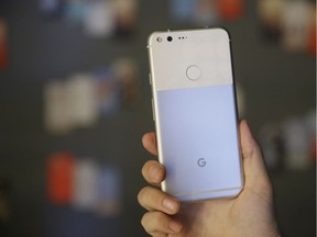 The new Google Pixel phone is displayed following a product event, Tuesday, Oct. 4, 2016, in San Francisco.