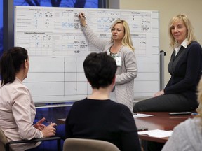 Marie Lachapelle, standing at left, manager utilization command, and Theresa Morris, director of emergency services, listen to other directors during a patient-flow discussion in the command centre at Windsor Regional Hospital's Met Campus Jan. 11, 2018.
