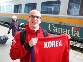 LaSalle's Adam D'Angelo, shown here at the Windsor train station on Jan. 24, 2018, is heading to the Winter Olympic Games in South Korea as a volunteer with Team Canada to help with digital media.
