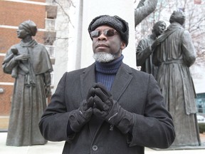 Marc Taylor, shown at the Underground Railway Monument on Pitt Street East on Jan. 27, 2018, and the group "10 Good People" are celebrating Black History Month by giving away 100 tickets to view the movie Black Panther.