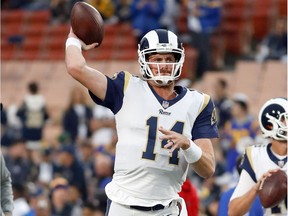 Sean Mannion #14 of the Los Angeles Rams warms up prior to the NFC Wild Card Playoff Game against the Atlanta Falcons at the Los Angeles Coliseum on January 6, 2018 in Los Angeles, California.