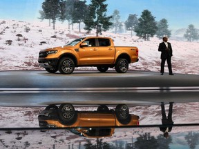 Raj Nair, Ford Motor Company Executive Vice President and President of North America, introduces the 2019 Ford Ranger midsize truck during the press preview at the 2018 North American International Auto Show (NAIAS) in Detroit, Michigan, on January 14, 2018.