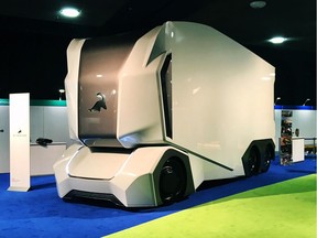 The Einride T-pod autonomous concept truck is pictured during the press preview at the 2018 North American International Auto Show (NAIAS) in Detroit, on Jan. 16, 2018.