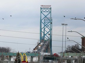 Cross-border traffic on Huron Church Road and the Ambassador Bridge on Jan. 11, 2018.