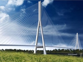 Rendering shows one possible cable-stayed concept of the planned Gordie Howe International Bridge. (Photo courtesy of Windsor-Detroit Bridge Authority and conceptual illustration only/Windsor Star)