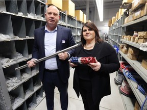 Tom Kaschalk, general manager and managing partner, and Heather Amlin-Boisvert, director of human resources, display products at DMS Components on Tuesday, Jan. 16, 2018.