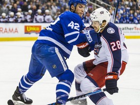 Toronto Maple Leafs centre Tyler Bozak during second-period action against the Columbus Blue Jackets' Oliver Bjorkstrand at the Air Canada Centre on Jan. 8, 2018