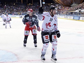 Team Canada's Curtis Hamilton celebrates after scoring 2-1 during the game between Canada and Mountfield HK at the 91st Spengler Cup ice hockey tournament in Davos, Switzerland on Dec. 26, 2017. Canada is using the tournament as a final evaluation before deciding on its Olympic roster in January.