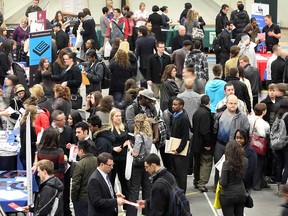 Standing room only at the joint University of Windsor and St. Clair College job fair in January 2012.