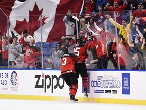 Team Canada forward Jordan Kyrou celebrates his goal against the Czech Republic on Jan. 4, 2018
