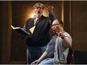 Preparations were underway this week for the upcoming presentation by the Windsor Symphony Orchestra of Mozart's The Marriage of Figaro. Singers Bruce Kotowich, left,  and Gene Wu are shown during rehearsal on Jan. 30, 2018, at the Capitol Theatre. The curtain rises Saturday night.