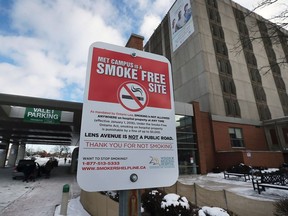 A no smoking sign is shown on January 1, 2018 at the Windsor Regional Hospital Met Campus. Smoking is now banned on all hospital property.