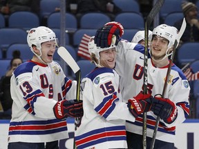United States teammates celebrate a goal during the second period in the bronze medal game of the world junior hockey championships against the Czech Republic, Friday, Jan. 5, 2018, in Buffalo, N.Y.