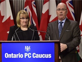 Party deputy leaders Ontario MPP Sylvia Jones and MPP Steve Clark hold a news conference at the Legislative Assembly of Ontario in Toronto, Jan. 25, 2018. Patrick Brown has stepped down as Ontario's Opposition leader amid allegations of sexual misconduct by two women.
