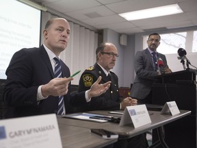 Windsor Mayor Drew Dilkens speaks during a news conference announcing a new Windsor-Essex Community Opioid Strategy. He is joined by Bruce Krauter, chief of Essex-Windsor EMS, and Dr Wajid Ahmed, acting medical officer of health on Friday, Jan. 19, 2018.