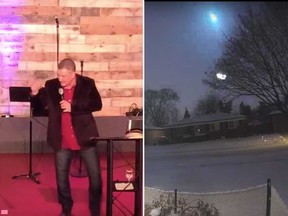 Rick Satterfield (left), pastor of I Am Church, in a video recording of a Dec. 31, 2017 sermon, and a surveillance camera image of the meteor (right) that was visible over Michigan on Jan. 16, 2018.