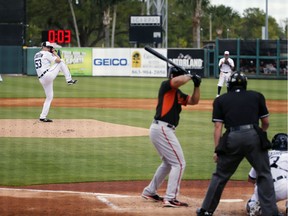 FILE - In this March 3, 2015, file photo, Detroit Tigers pitcher Kyle Lobstein, left, delivers his first pitch of the second inning to Baltimore Orioles' Matt Tulasosopo as the clock, background, counts down during a spring training exhibition baseball game in Lakeland, Fla.
