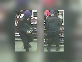 Security camera images of a man in a purple touque who robbed a gas station in the 2300 block of Walker Road during the early morning hours of Jan. 14, 2018.