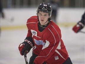 Cedric Schiemenz practices as a new member to the Windsor Spitfires at the WFCU Centre, Tuesday, January 9, 2018.
