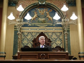 Michigan Gov. Rick Snyder delivers his State of the State address to a joint session of the House and Senate on Jan. 23, 2018 in Lansing, Mich.