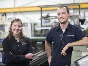 Chelynne Schram, 26, left, and Jeff Lemmon, 28, graduates out of the St. Clair College Skilled Trades Regional Training Centre are pictured during a press event celebrating the one-year anniversary of the centre on Jan. 23,  2018.