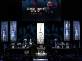 Dave Keon speaks at the Johnny Bower celebration of life service at the Air Canada Centre in Toronto on Jan. 3, 2018.