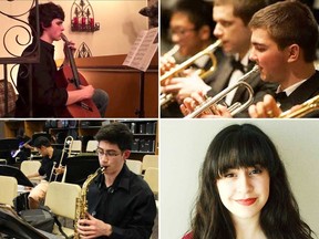 Competitors in the University of Windsor's Ianni performance scholarship competition for 2018. Clockwise from top left: Guitarist Daniel Turner, trumpeter Matt Lepain, vocalist Lilly Korkontzelos, and saxophonist Sebastian Bachmeier.
