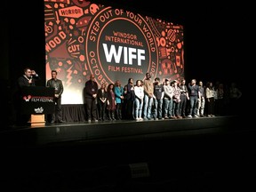 Taking a bow. Staff and volunteers of the latest edition of the Windsor International Film Festival join executive director Vincent Georgie on stage at the Chrysler Theatre before the closing night screening, Nov. 5, 2017. City council agreed to a major new investment in WIFF.