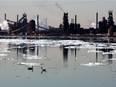 A pair of geese swim in the Detroit River in the shadow of Zug Island in Detroit in this file photo.